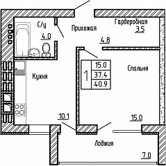 1-комнатная квартира №62, 40,9 кв. м, на ул Генерала Бакланова, 1, 3 подъезд 4 этаж, 3 подъезд южная сторона