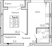 1-комнатную квартиру №34, 47,3 кв. м, на ул Генерала Круковского, 4, четвертый этаж